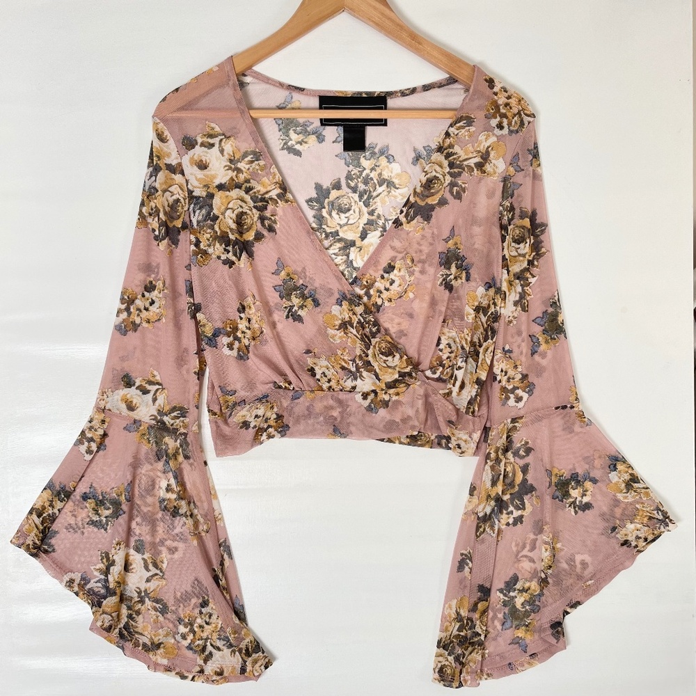 Fairy Floral Women Top Medium Crop Hippie Mesh Festival Bell Sleeve Summer Y2K